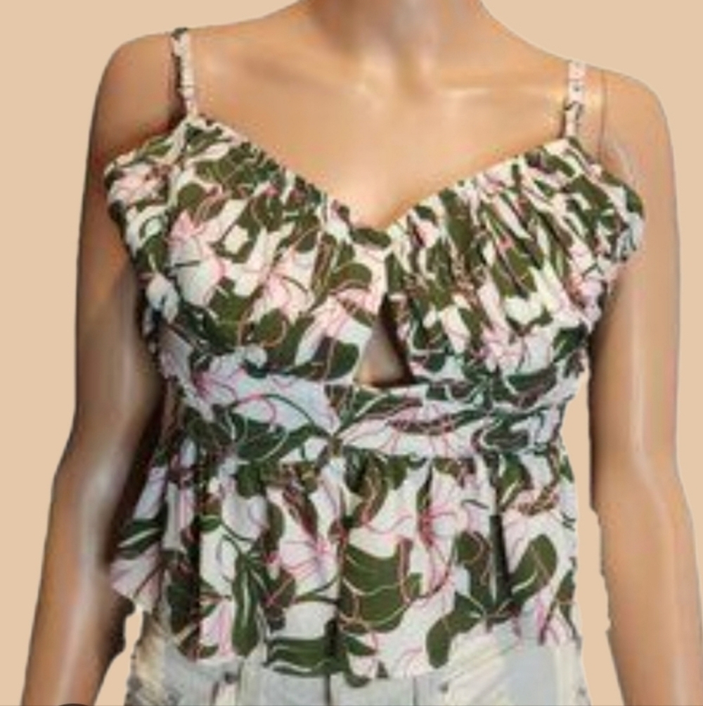 Parker Womens Cami Top Sz 14 Pink Green Tropical Print Adj Straps Summer Days